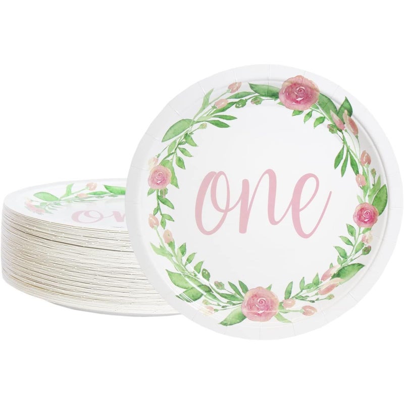 BLUE PANDA Decorative Floral Paper Plates - 9-Inch, Pack of 80 & Disposable Floral Birthday Party Plate - 1st Birthday Party Supplies - Image 1